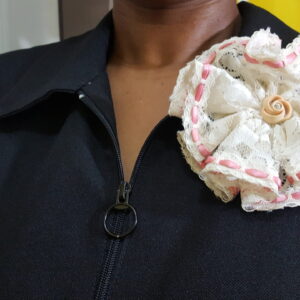 Lace Rosette Broach With Pink Ribbon Trimming - (Cream)