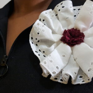 White Rosette Broach With Burgundy Center