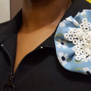 Silk Rosette Broach, Lace Center With Pearl - (Navy-blue, Sky-blue and White)