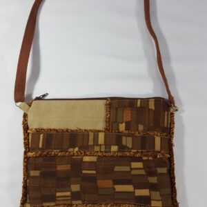 A Cream and Brown, Square Patch Pattern and Fringe Short-handle Purse