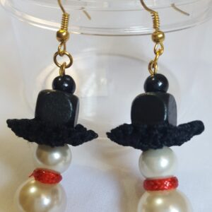 Black Top-hat beaded Snowman Wire Earrings