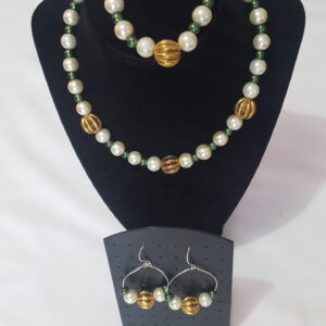 A Handmade Necklace Set with White, Green and Goal Beads