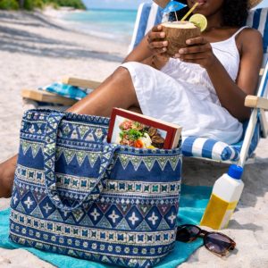 Tropical relaxation by the beach Horizontal Abstract Pattern Large Tote Bag - Pocket Inside
